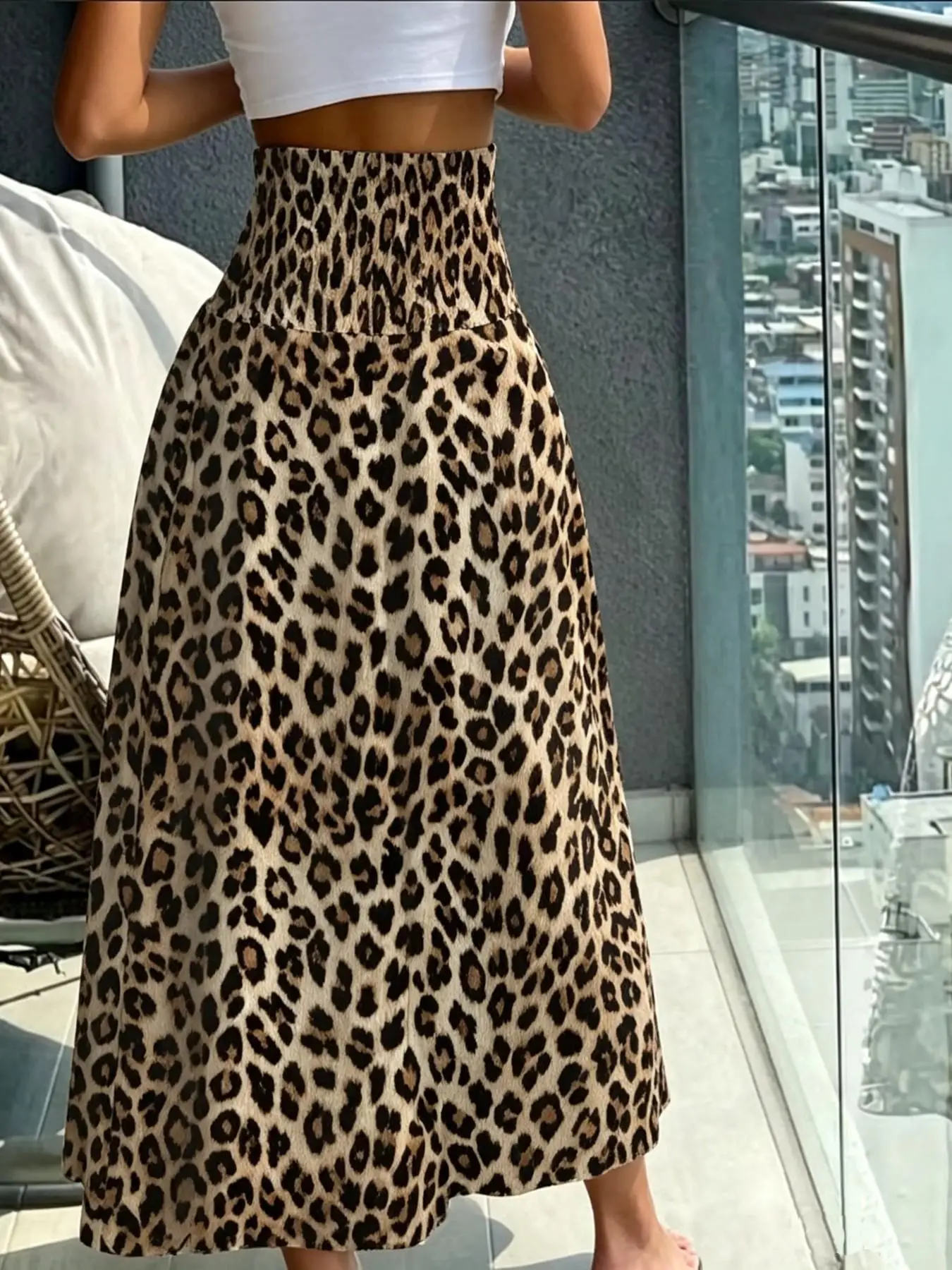 Damen Leoparden-Print Swing Maxirock mit Hoher Taille, Geraffter Taille und Dehnbarem Stoff im Casual Resort-Stil, Ideal für Strand & Alltag – Detail 3