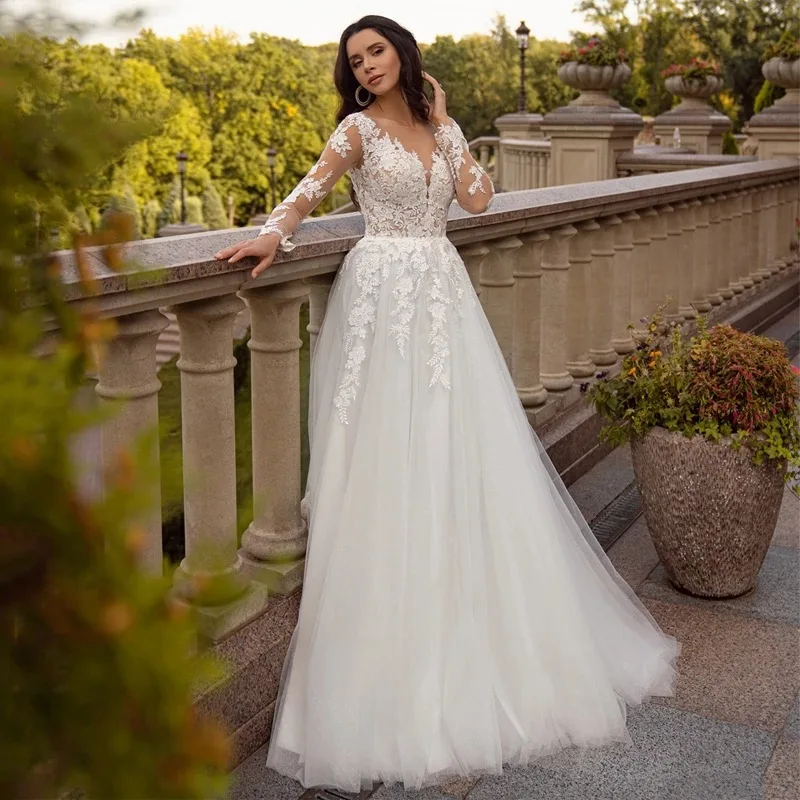 

Wedding Dress 2024 New Sexy Deep V-neck Lace Appliques Bridal Gown Simple Long Sleeve Travel Photo Vestidos Para Mujer Elegantes