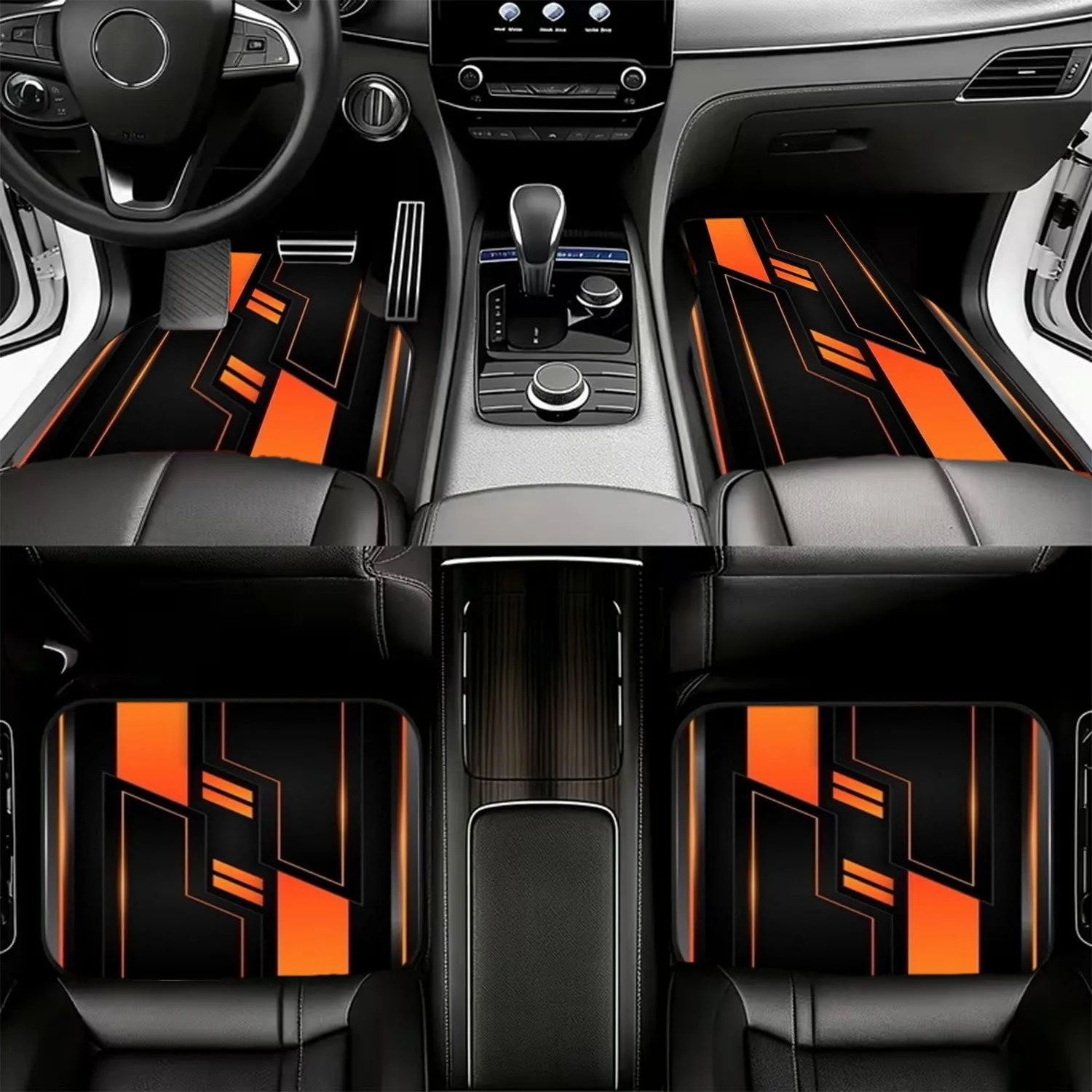 4pcs Car Floor Mats, Modern Dynamic Abstract Design (Black Background, Orange Geometric Shapes), Material, Stylish Interior Deco