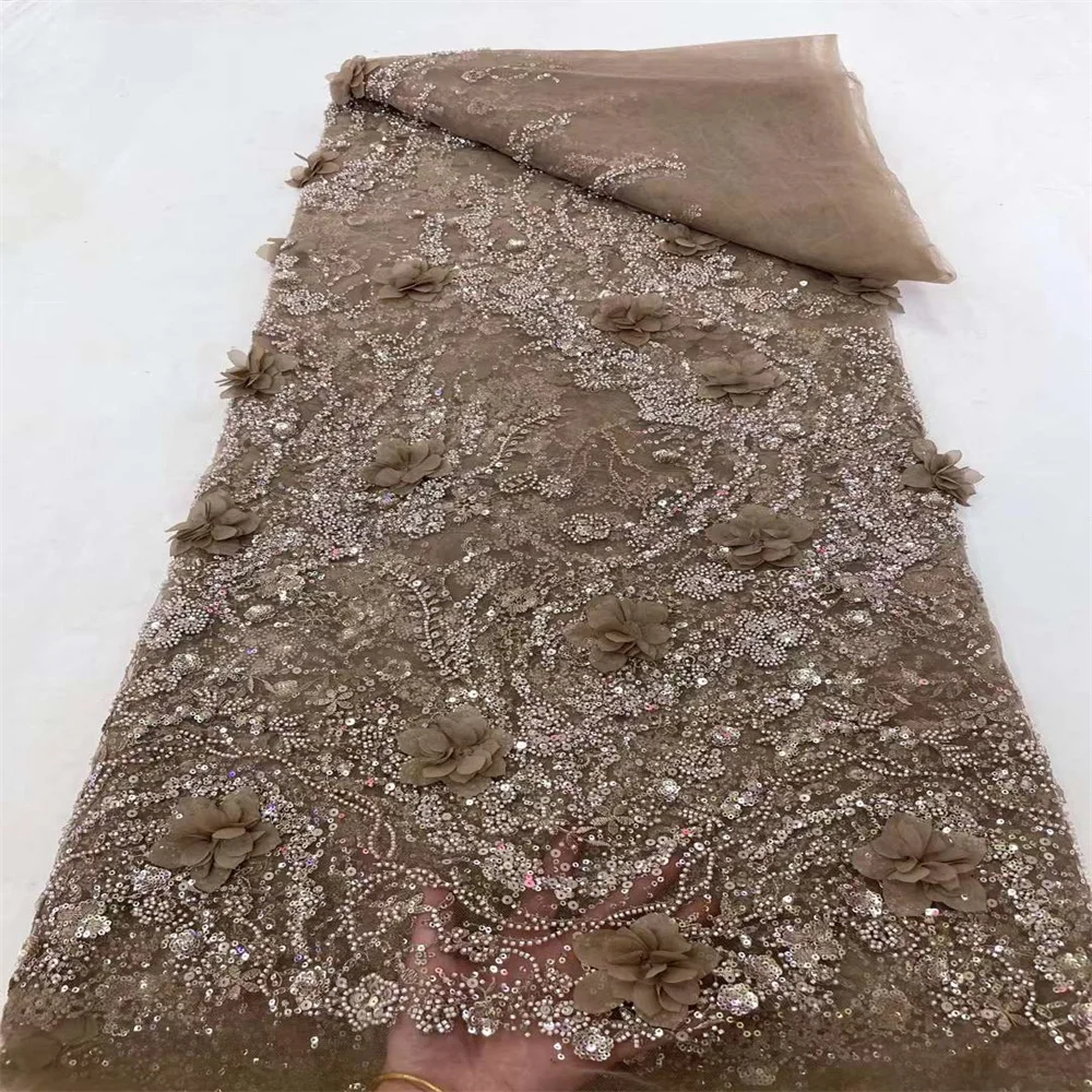 Tissu Africain NigWin en Dentelle Exquise, Fleurs 3D, Paillettes, Perles, Haute Qualité, ixde la Mariée Française, Robe de Couture de Mariage, Nouvelle Collection 2024