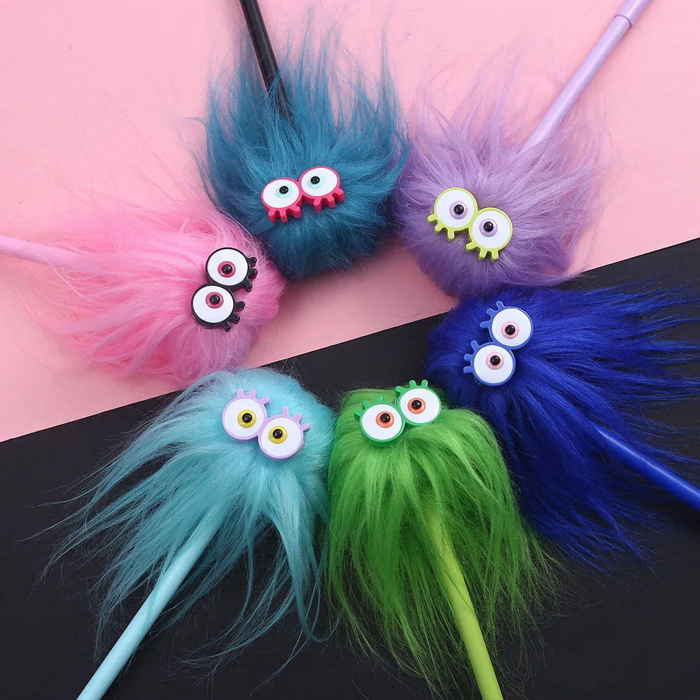 16pcs Zhongfan's New Foreign Trade Funny Long Hair Fried Hair Big Eyes Small Monster Student Stationery Neutral Pen Plush Stylin