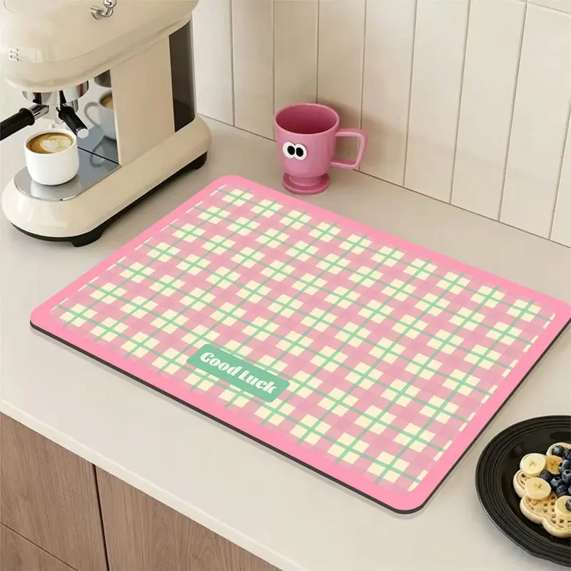 VIKAMA Ins-Style Checkered Dish Rack Mat, Absorbent and Non-Slip Kitchen Countertop Mat, Home Kitchen Decor