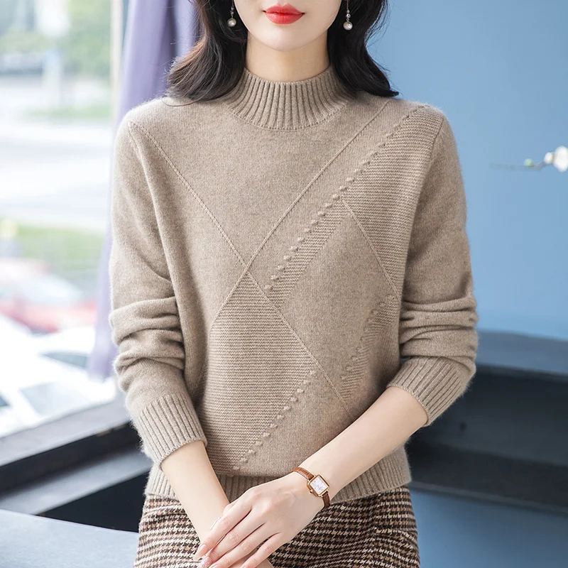 동관 달리앙 여성 니트 스웨터 프리미엄 품질 신상품 차오안 롱 슬리브 하이 칼라 가을 겨울 패션