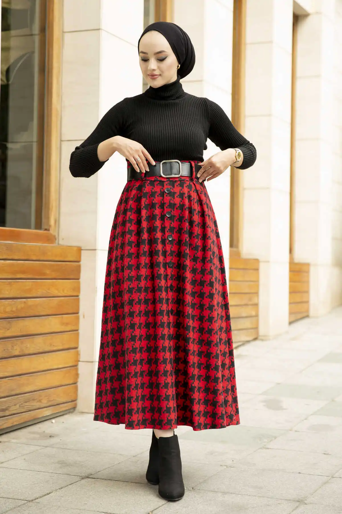 Crowbar Patterned Skirt Red Winter Autumn 2021 Muslim Women Hijab headscarf Islamic Turkey