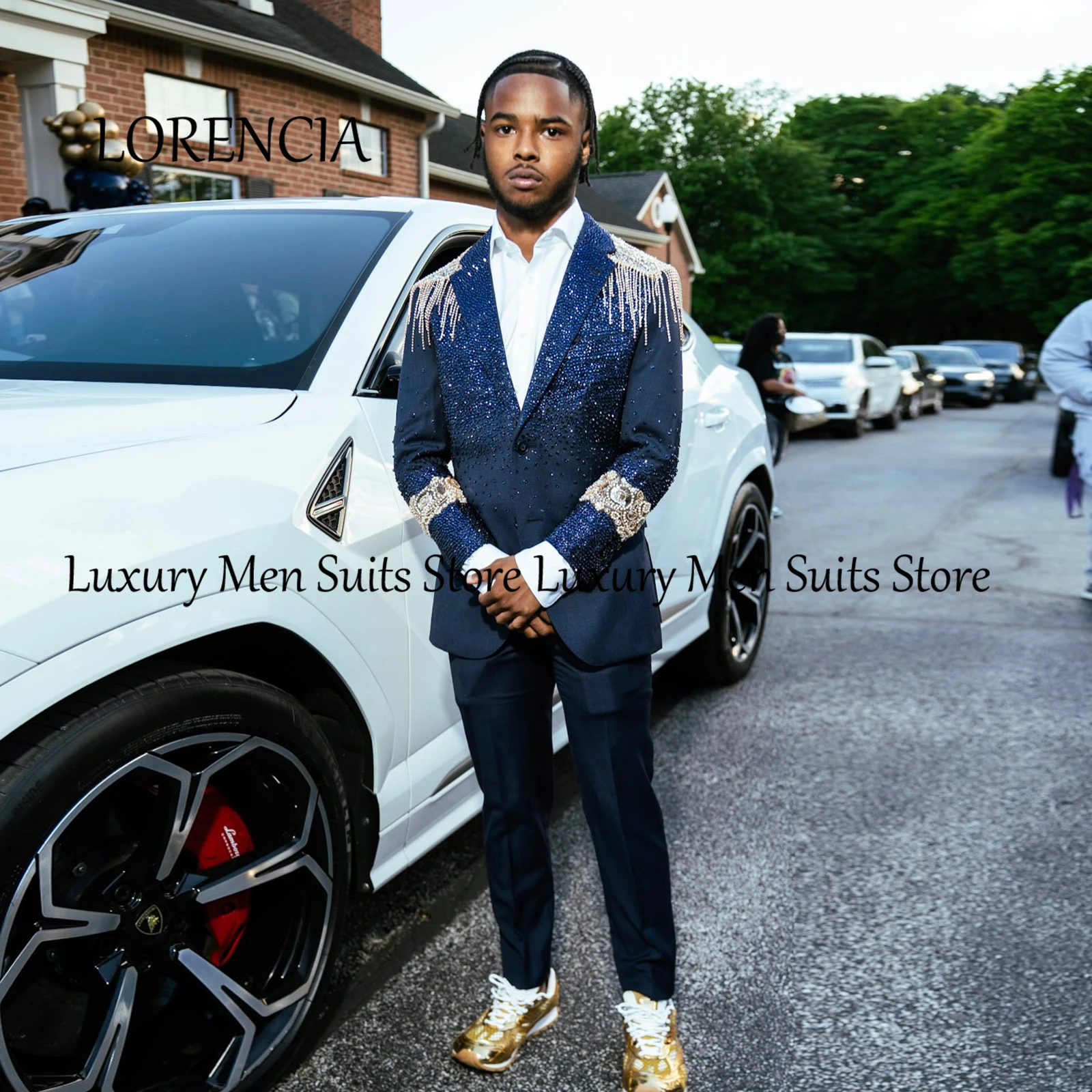 

Luxury Rhinestone Crystals Men's Suit 2 Pieces Tassel Shoulder Slim Fit Prom Wedding Blazer Pants Set Terno Masculino Completo