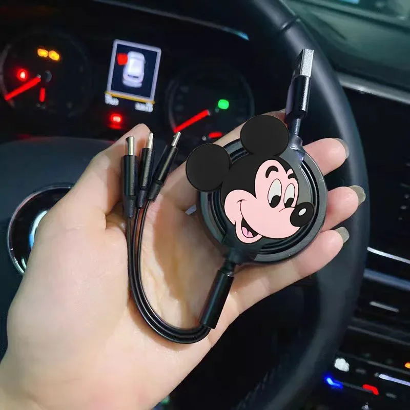 MINISO Car travel Mickey Mouse 3 IN 1 Fast charging data cable type-c Mini USB charging For Iphone Android Phone Xiaomi Huawei