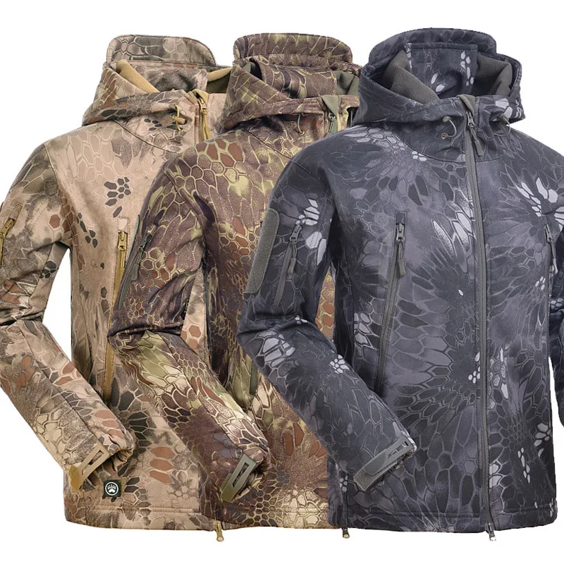 Men\'s Softshell Waterproof  Python Camouflage Jacket Winter Fleece Tactical Jacket Outdoor Hiking Hunting Hooded Coat