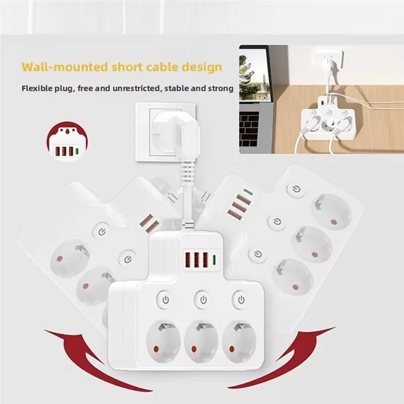 2026 Trend EU Plug AC Power Strip Wall Independence Switch 2500W European Plug Outlet With USB Type-C Port Charging Network Filt