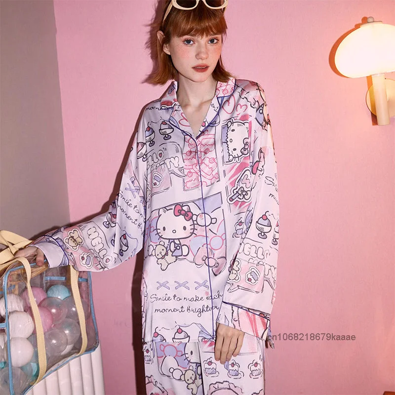 Sanrio Hello Kitty Cartoon Printed Long Sleeved Pajamas Spring Autumn New Cardigans Home Suit Set Japanese Style Cute Sleepwear