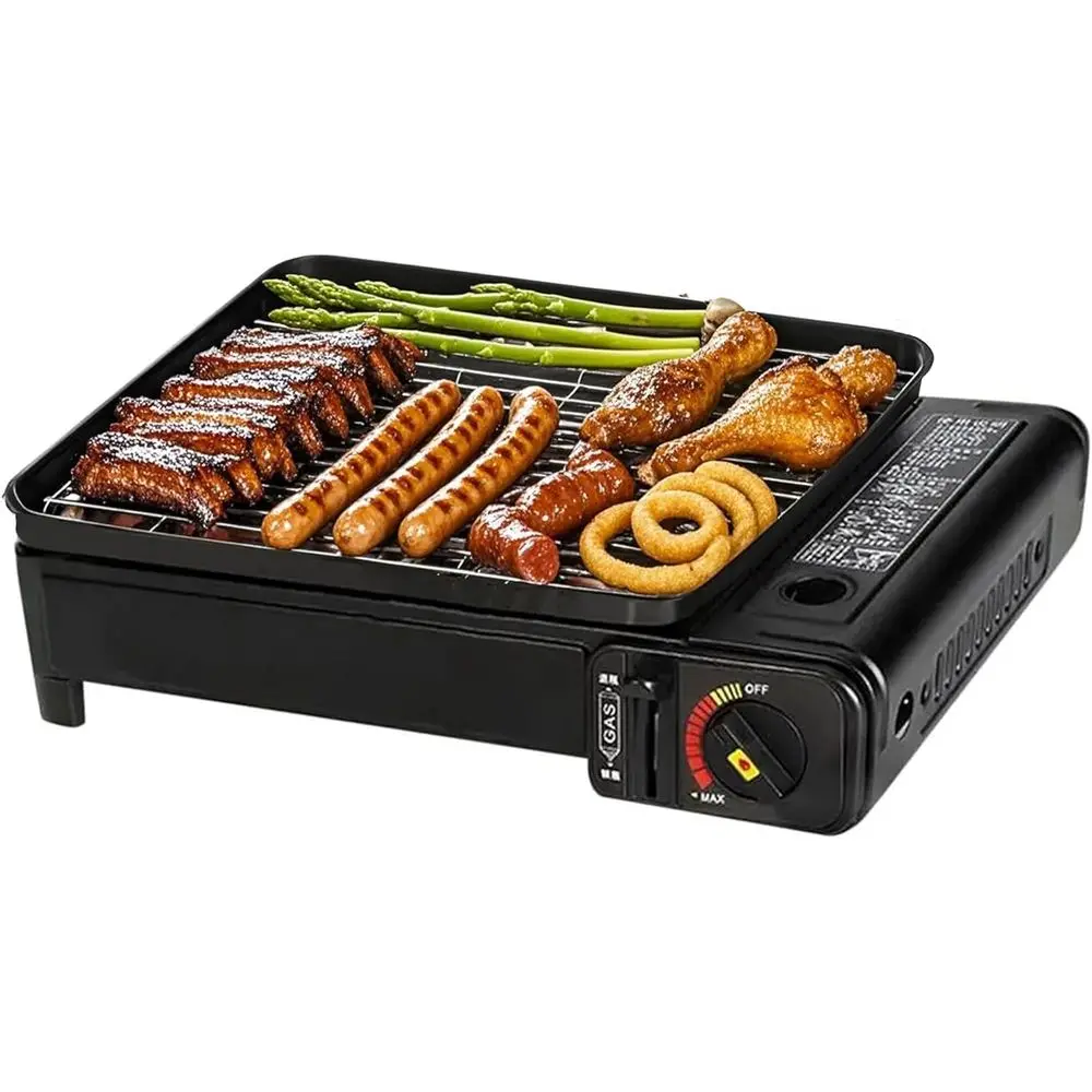 Tragbarer Butangas-Kocher - Kompakter Gasgrill mit Abnehmbarem Grillrost + Robuste Tragetasche | Dual-Fuel-Tischgrill für BBQ oder Camping