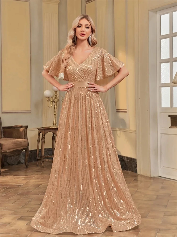 Elegant V Neck Prom Gown Short Sleeves Gold Evening Dresses Women Sequins Ruched Wedding Party A-line Cocktail فساتين السهرة