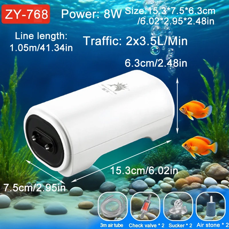 Leise Aquarium-Luftpumpe, Luftkompressor, Sauerstoff-Luftpumpe, Doppelauslass, einstellbares Luftvolumen, Aquarium-Belüfter, 220 V, 3,5 W, 8 W – Detail 2