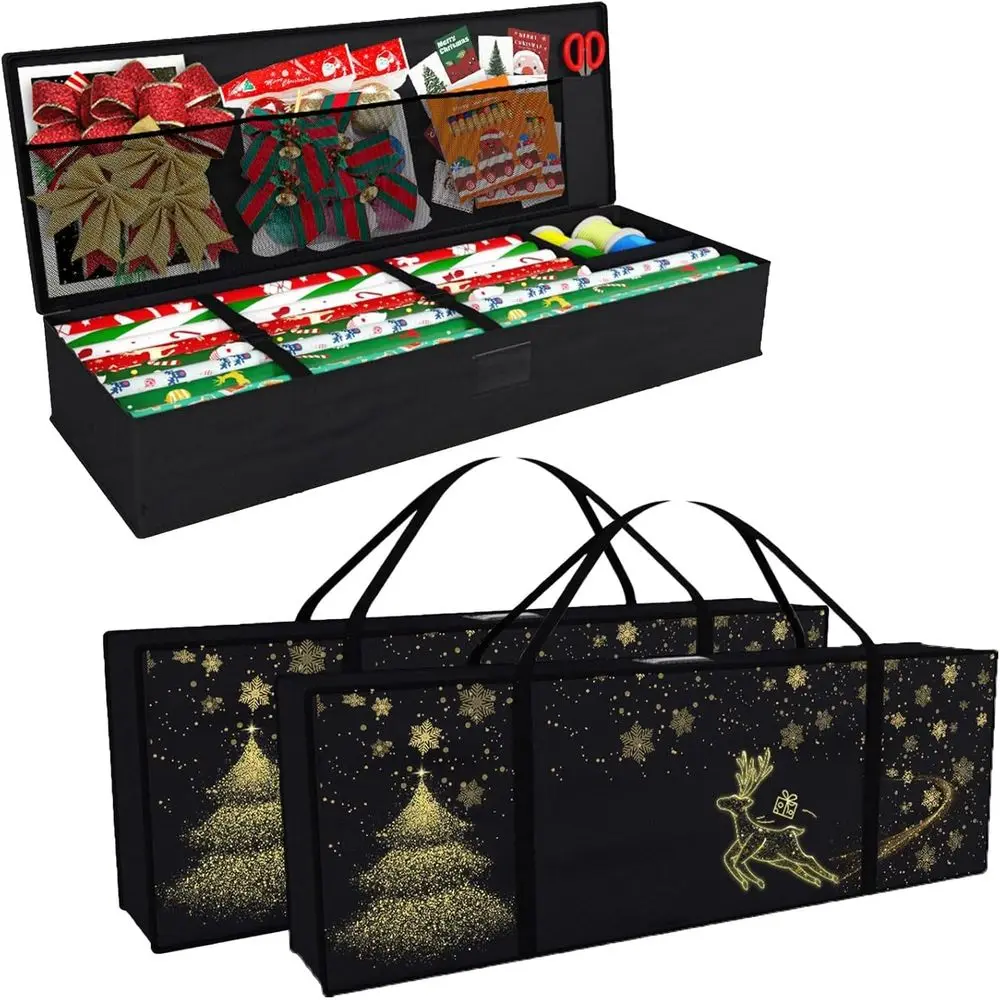 

Under Bed Wrapping Organizer, 42 Christmas Gift Storage Bag, Holds Paper Rolls, Ribbons, Bows (Golden Deer)