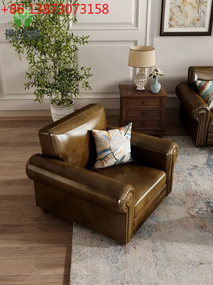 

American country leather sofa first layer cowhide high-end villa solid wood furniture