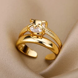 Zircon Heart Open Rings For Women Lover Gold Color Stainless Steel Engagement Wedding Ring Female Finger Jewelry Gift 2024 New