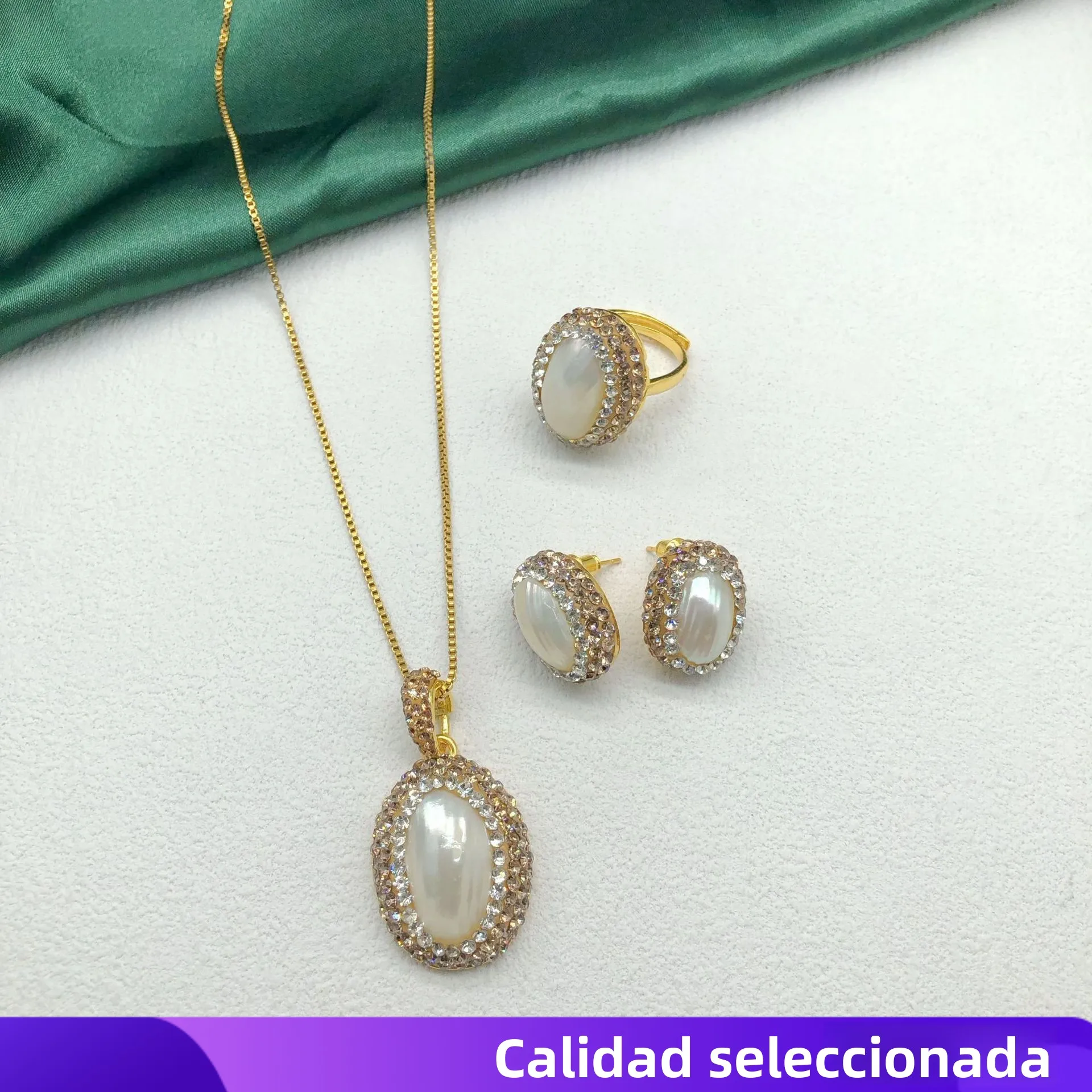 Conjunto de Joyería de Perlas Naturales Mabe: Collar, Anillo y Pequeños Pendientes de Botón, Cadena de Clavícula Sencilla, Ve...