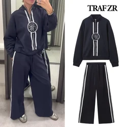 TRAF ZR Set di pantaloni ricamati casual Set di 2 pezzi in pizzo Completo da donna Manica lunga con risvolto Felpa a collo alto Pantaloni larghi