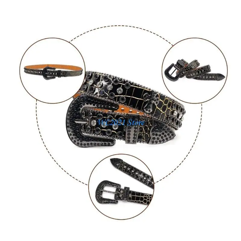 

G5GC Punk PU Waist Belt for Jean Heavy Duty Rhinestones Hip Hop Belt Waistband