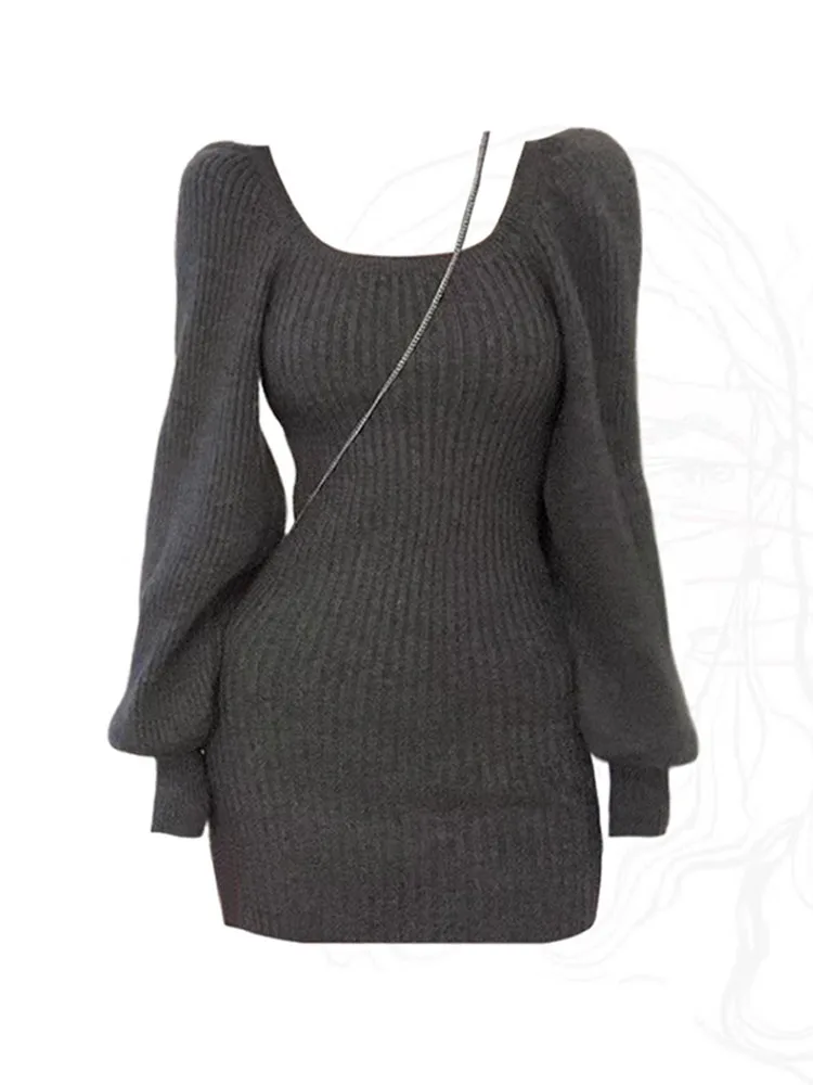 New Design Elegant Grey One-Piece Frocks Party Women Knitted A-Line Dresses Office Lady Square Collar Corset Dress High Street