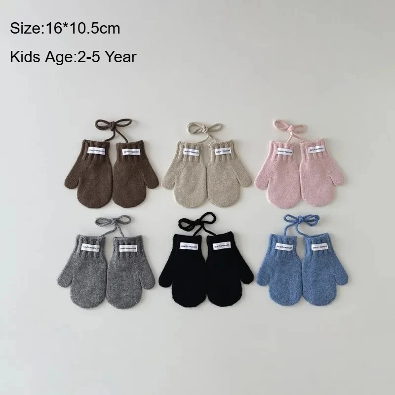 

1 Pair INS Korean Casual Kids Mittens Outdoor Winter Warm Solid Color Simplicity Baby Mittens with Neck Lanyard for Boys Girls