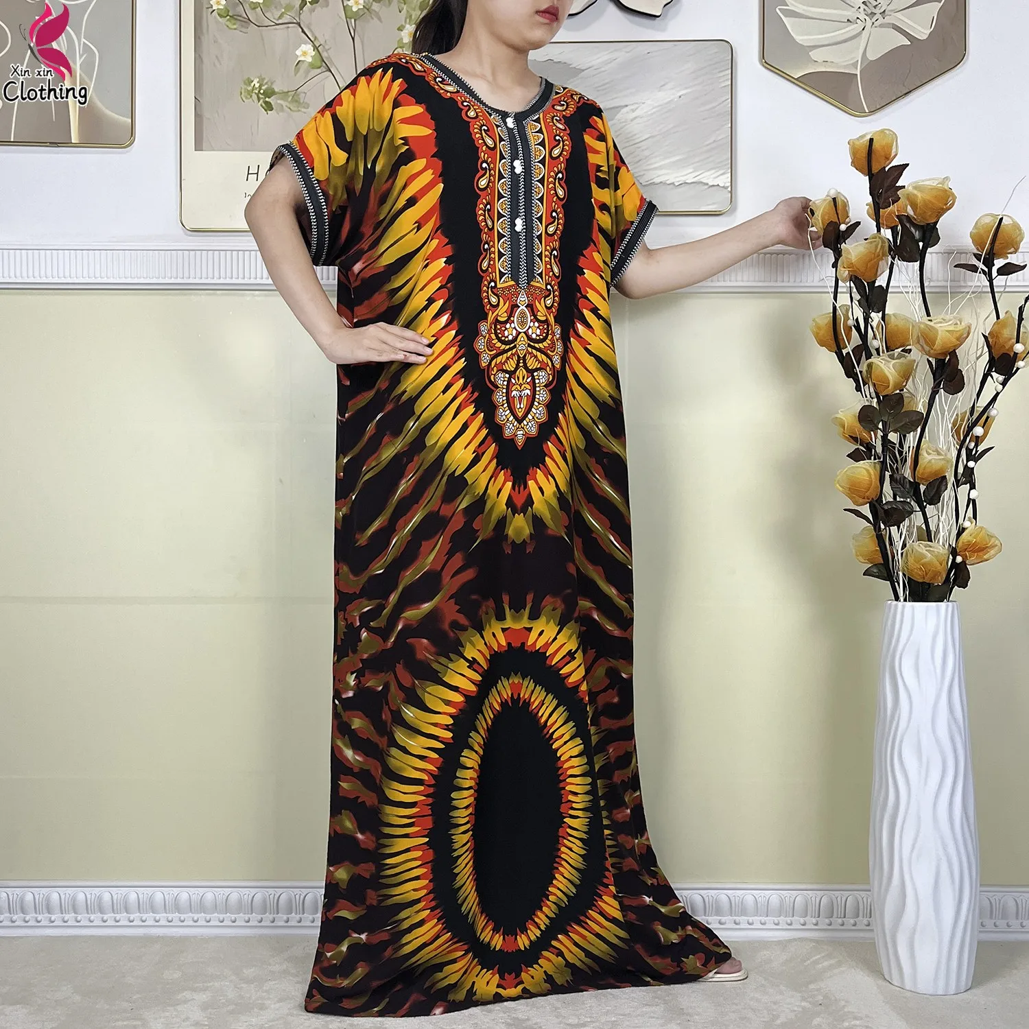 Latest African Women Cotton Dress Fashion Pattern Printing Short Sleeve Robe Women Dashiki Loose Casual Muslim Abaya Clothing