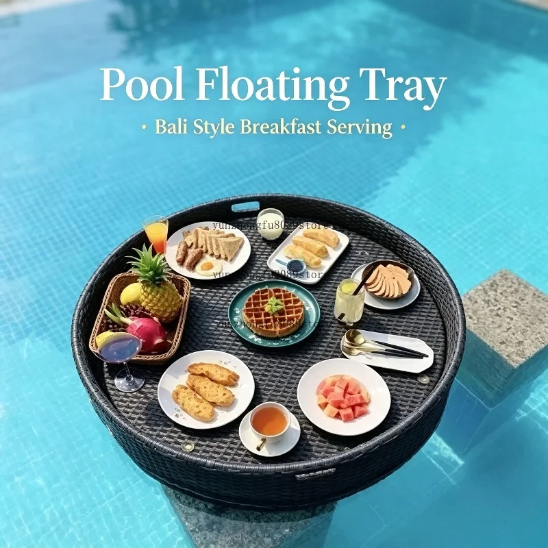 Floating Rattan Serving Tray, Bali Style Pool Floating Basket, Waterproof Decorative Plate for Swimming Pool