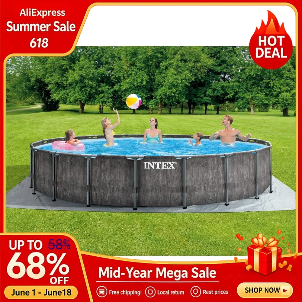 Prism Frame Round Above Ground Outdoor Swimming Pool Set with Filter Pump, Ladder, Ground Cloth, and Pool Cover, Greywood Custom