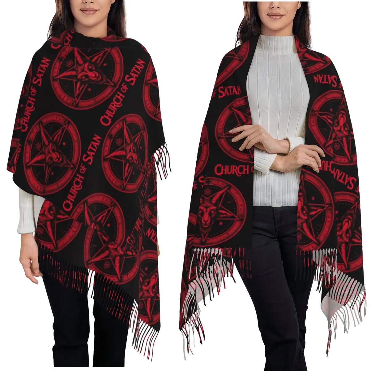 

The Sabbatic Goat Baphomet Satanic Occult Pentagram Scarf Tassel Scarves for Women Shawls and Wraps Large Fall Winter Shawl Wrap