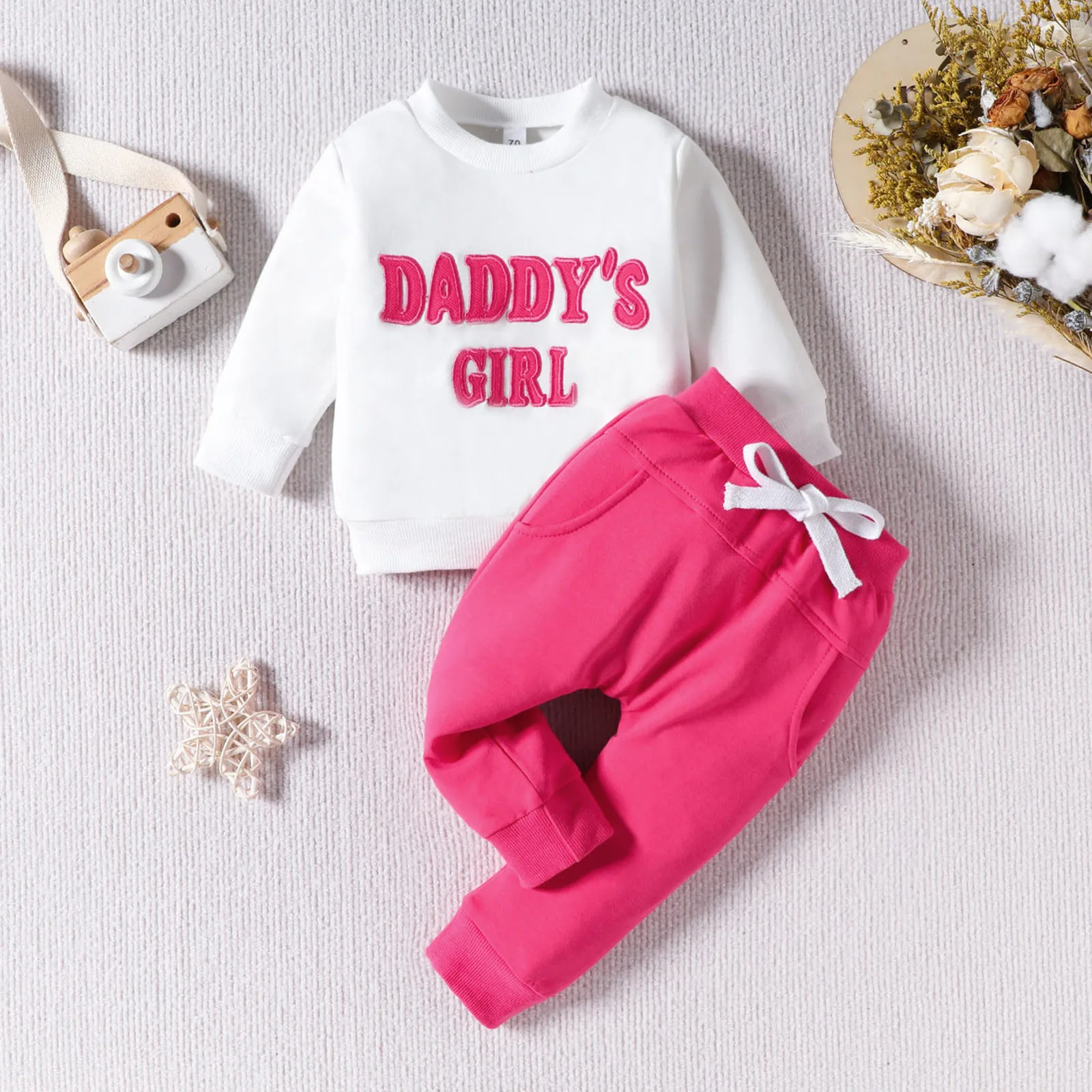 Toddler Baby Girls Fall Winter Clothes Sets Long Sleeve Letter Embroidery Sweatshirt Pullover Drawstring Pants Outfits Sets 0-3T