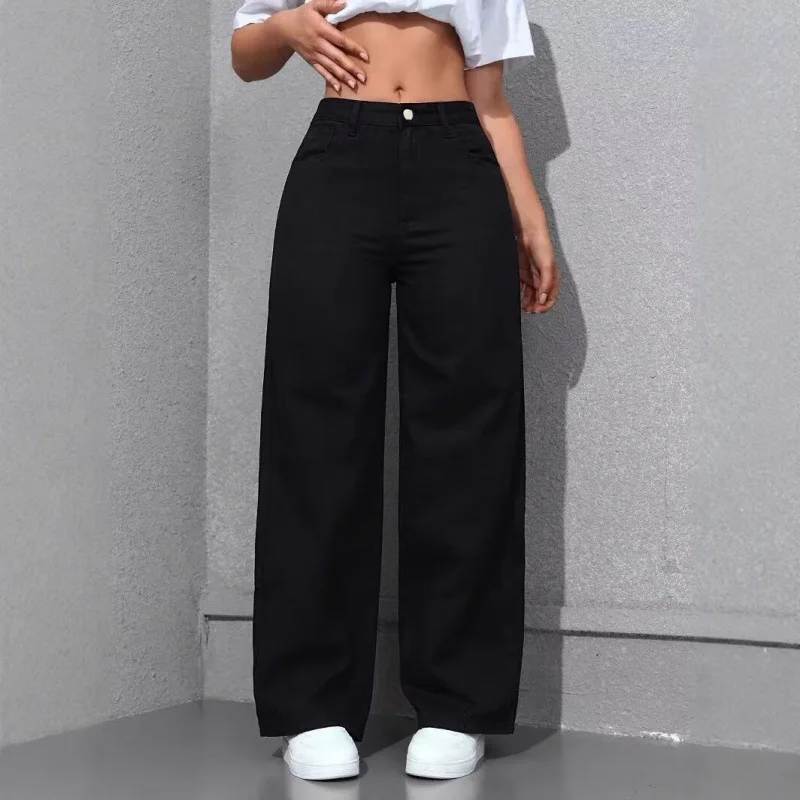 

High Waist Straight Leg Women's Jeans Deep Blue Casual Pants Cotton Fabric Folded Design Spring Season Fashion Ladies Jeans