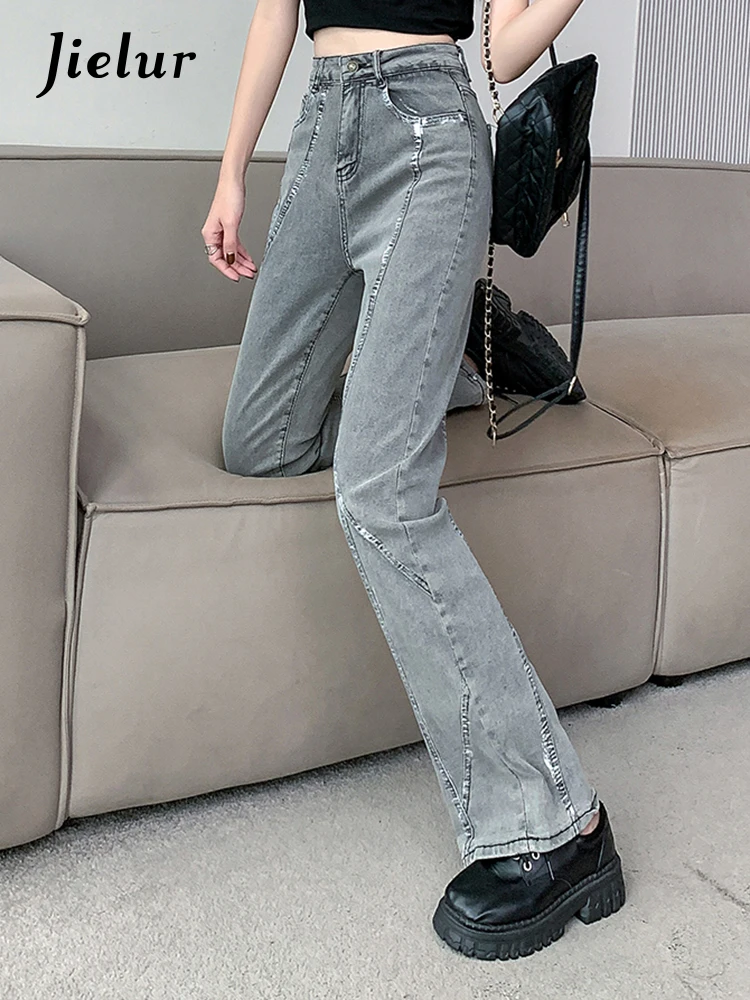 Jielur American Style Vintage szary kobiece dżinsy nowy kolor zaklęcia wysokiej talii szczupła moda damskie dżinsy dzwony Casual Chic Jeans