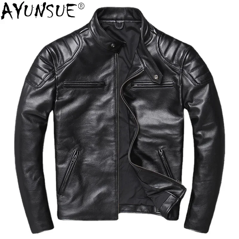 

AYUNSUE 2024 Genuine Leather Jacket Men Winter Motorcycle Coats Biker Clothes Streetwear Fit Real Cow Coat Man Chaqueta