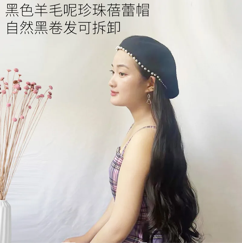 Parrucca Parrucca riccia di lana con cappello a bocciolo di fiore alla moda Stesso stile come quella delle celebrità di Internet Parrucca con cappello staccabile