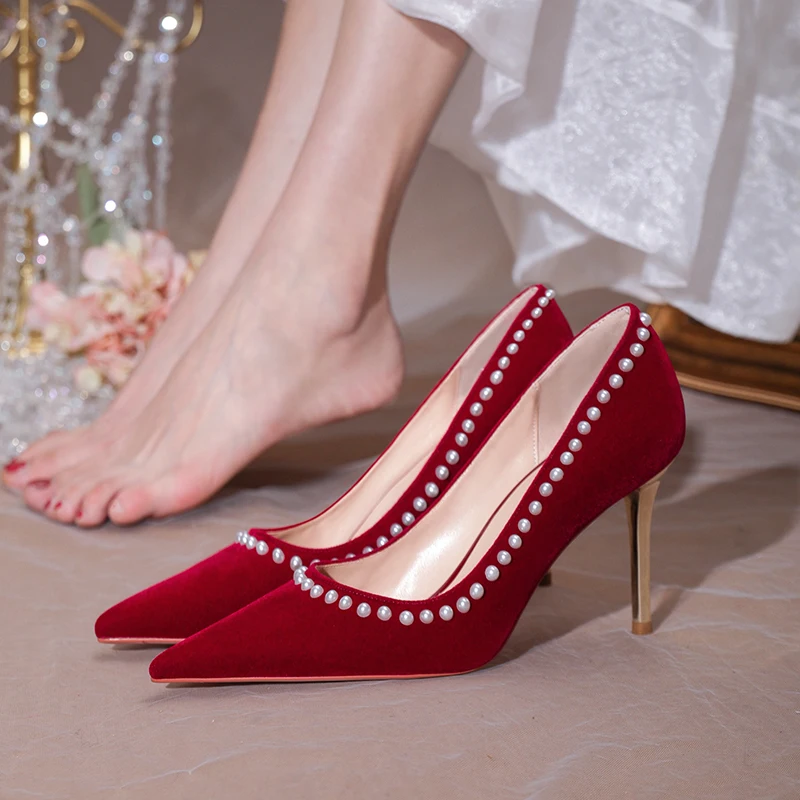 

Wine Red Wedding Shoes Pearl High Heels Retro Style Bride Dress Pumps Stiletto Bridesmaid Suede Toasted Chinese Single Shoes