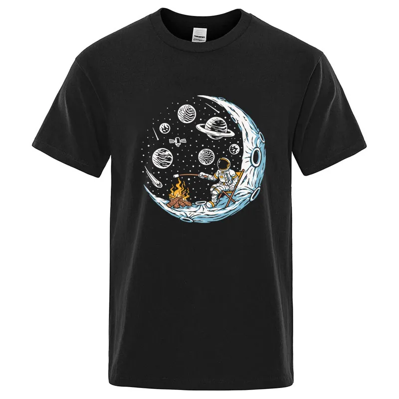 Men's T-shirt High Quality Funny Astronaut Moon Barbecue Print Cool Loose O-neck T-shirt for Men Short Sleeve Male Tops Tees