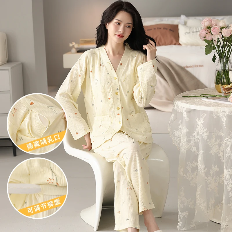 Pregnant women floral pajamas cotton postpartum long-sleeved fashion confinement home service breastfeeding clothing set 4XL