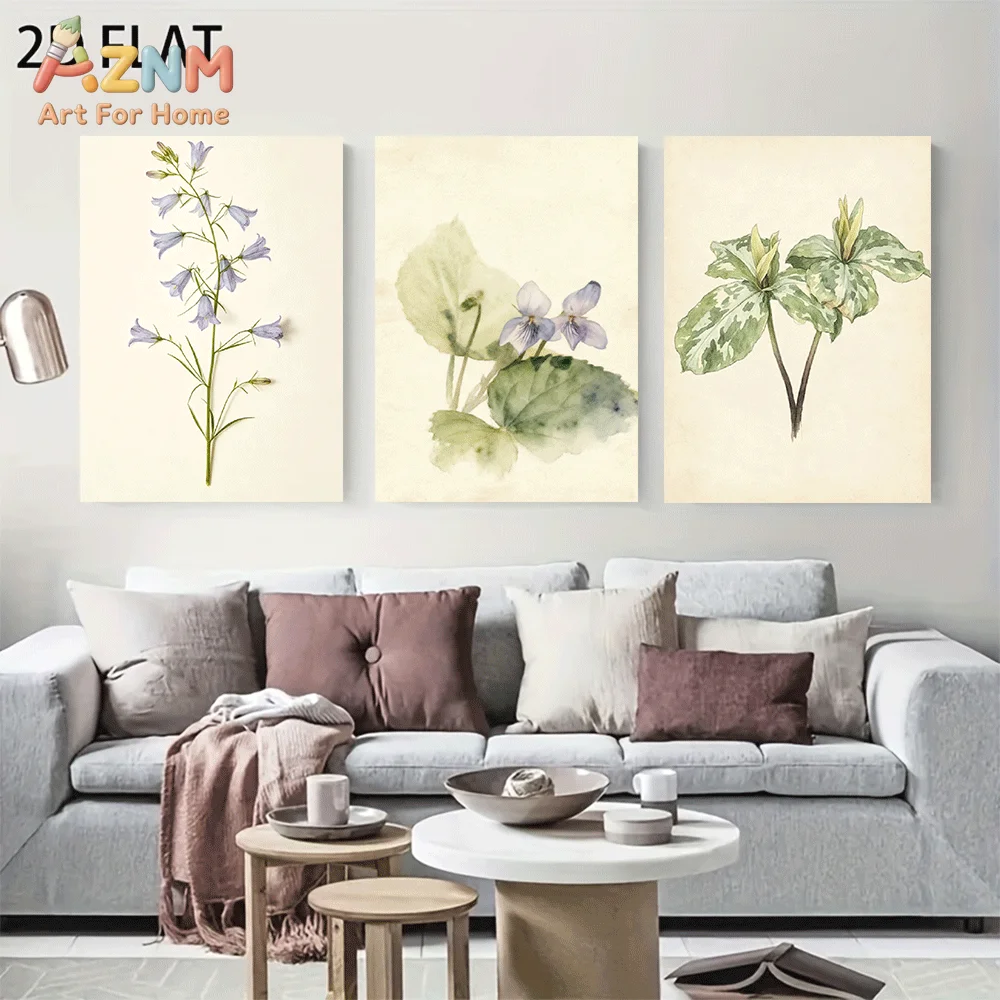 AZNM Frameless Canvas Wall Art, Vintage Botanical Blue Violet Wildflower Print, Antique Watercolor Floral Wall Decor for Living