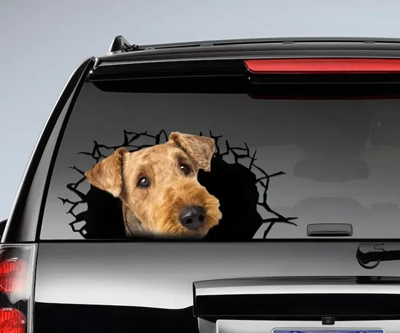 Airedale Terrier 3D sticker, cracked window decal , Airedale Terrier decal