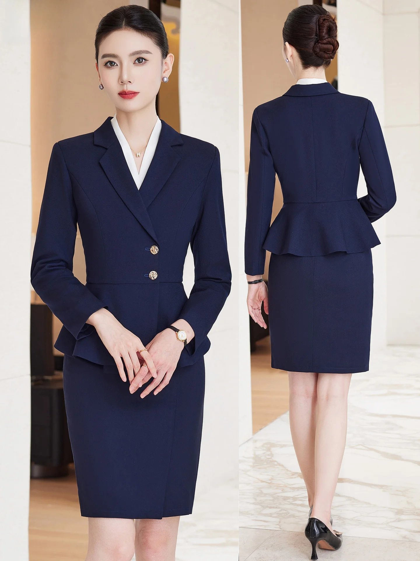 Blue Suit Set for Women Professional Work Uniform Beauty Therapist Hotel Front Desk Receptionists Jewelry Store Employee Outfit