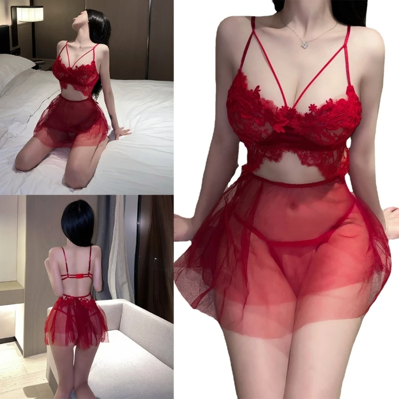 

Lingerie For Women Babydoll Sexy Mesh Nightdress Strappy Exotic Sleepwear Hollow Out V-neck Underwear Nightgowns