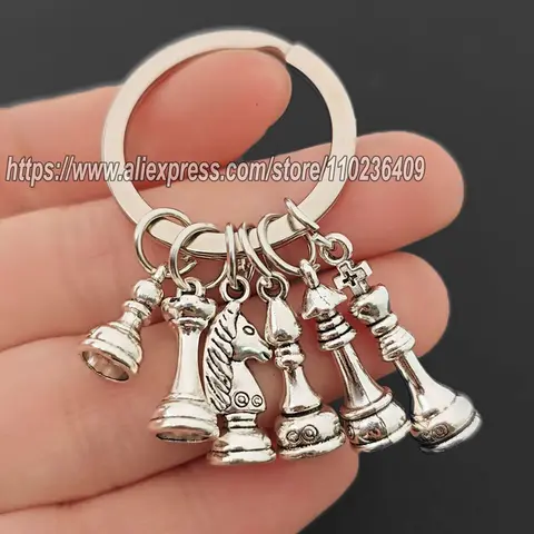 Metal Chess Pendant Keychain Chess King Queen Rook Knight Pawn Bishop Silver Color Pendant KeyRing Jewelry Gift