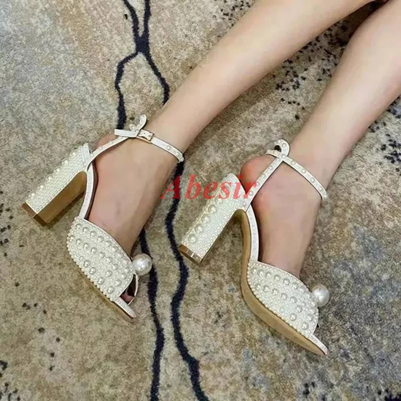 

Wedding Pearl Shoes Peep Open Toe Dress Ankle Strap Chunky High Heels Cutout Buckle Design Suitable for Bride Spring Summer