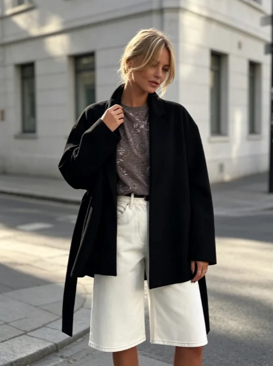 Solid Short Coat Open Front Belted Waist V‑neck Loose Drop Shoulder French Minimalist Elegan New Women Autumn Winter Outerwear ﻿