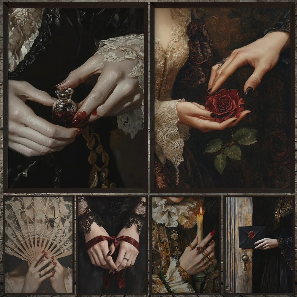 

Vintage Victorian Dark Aesthetic Witchy Wall Art Poster And Print,Moody Lace Gothic Romance Wall Art Canvas Painting Home Decor