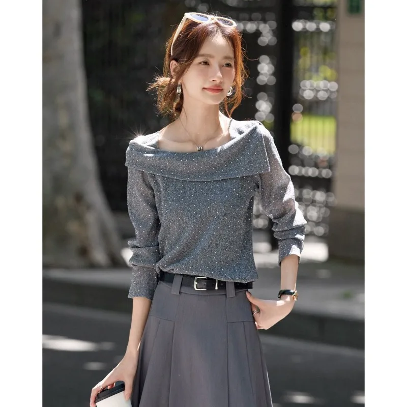 Temperament Lapel Polka Dot Print T-shirt 25 New Autumn New Temperament Slim Long-sleeved Top