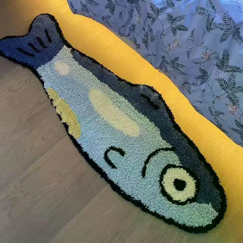 1 Pc Cartoon Cat Fish Shape Soft Plush Non Slip Absorbent Rug Floor Mat for Bedroom Bedside Living Room Decor & Kids Play Area