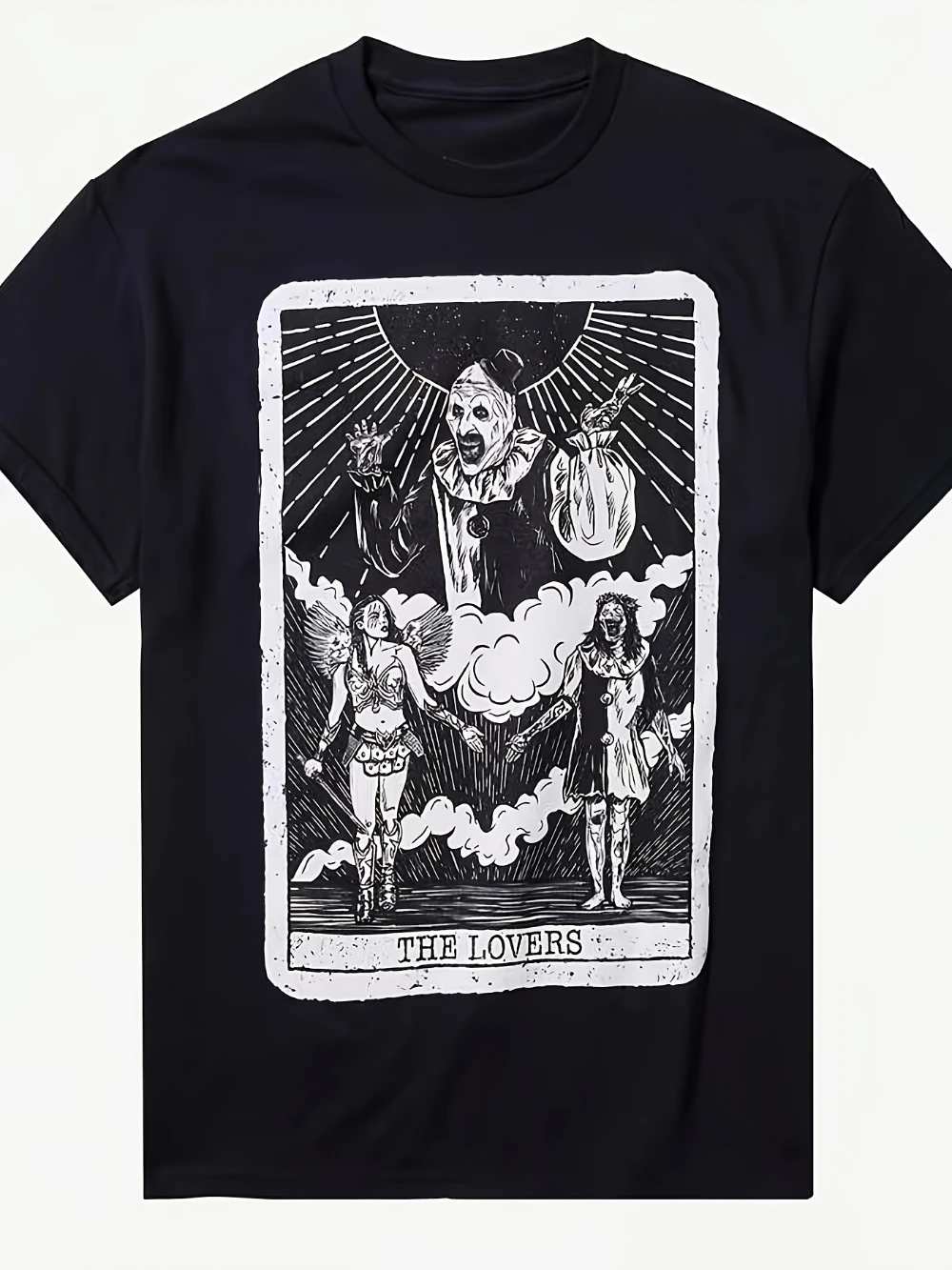 Skeleton Horror Art Clown Card T-Shirt Vintage Horror Graphic Tee Featuring A Menacing Clown and Angel Print