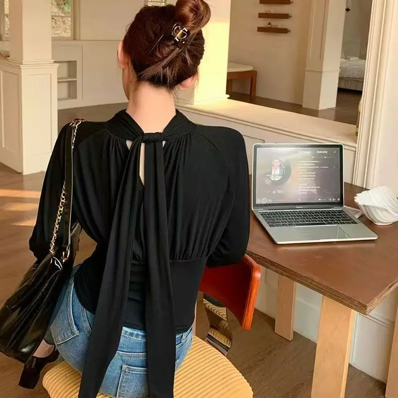 Women Korean Style Y2k Waist Tie Long Sleeve Top Autumn Spring New Relaxed Elegant Outer Wear Slim Fit T-shirt - view 5