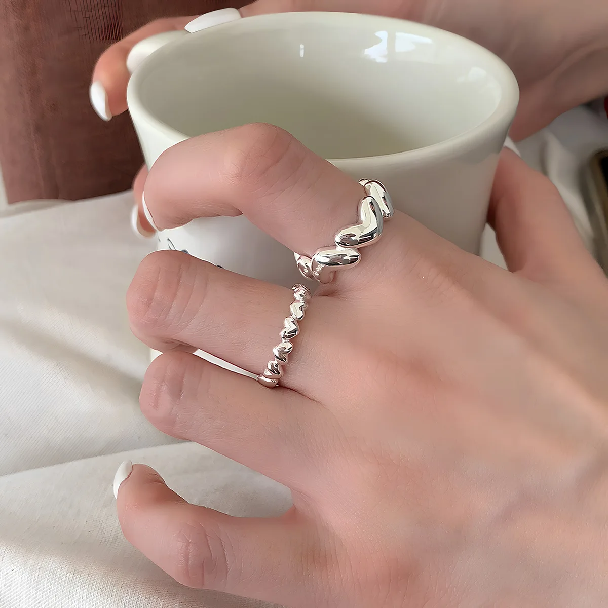 

925 Silver Open Finger Ring Linked Heart Classic Simple Elegant Stackable Punk For Women Girl Jewelry Gift Dropship Wholesale