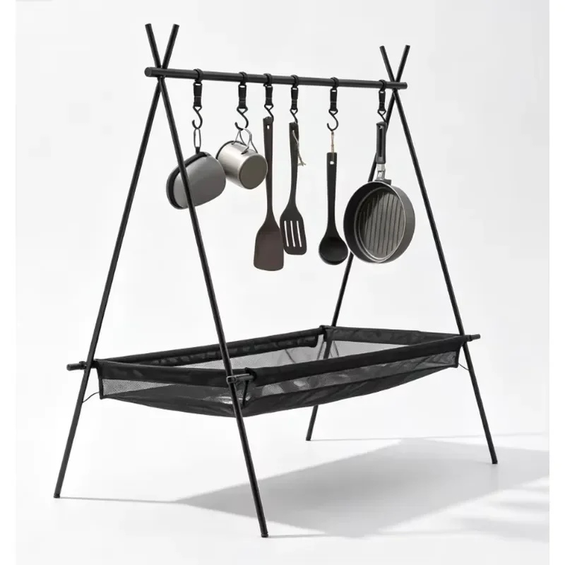 Custom Folding Camping Hanger Triangular Outdoor Cooker Storage Rack With Net Basket For Picnic And Travel Gear Wholesale